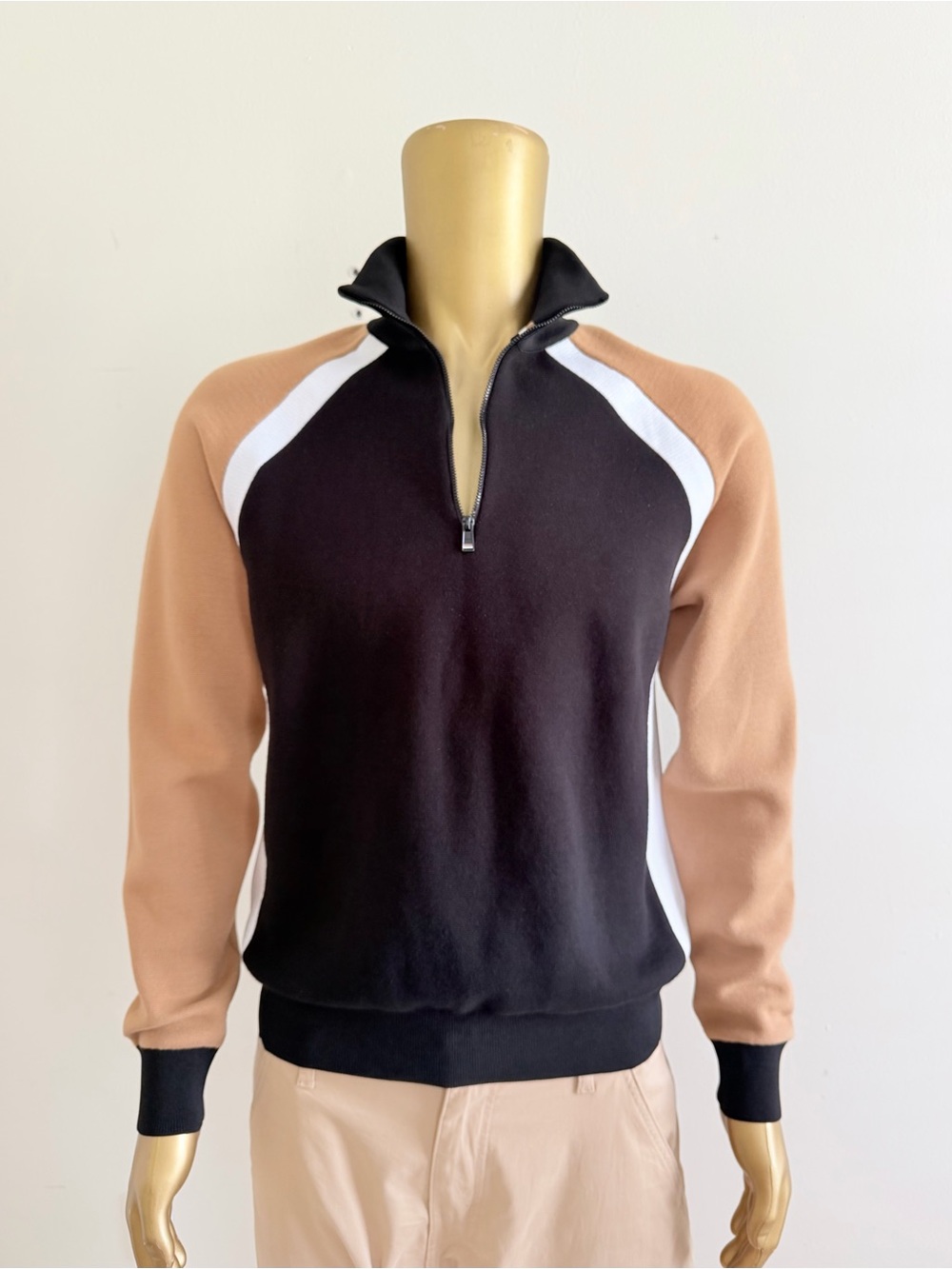 Boss Colorblock Zip-Up Sweater in Black, Tan & White